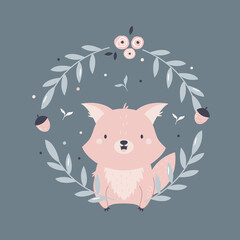 Wall Mural - Vector illustration of a funny fox and decorative wreath. Cute composition with adorable animal.