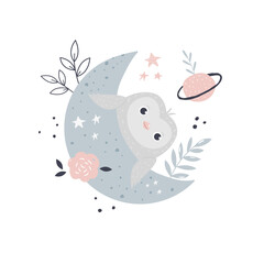 Wall Mural - Vector illustration of a cute owl on a moon. Cute composition with adorable animal.
