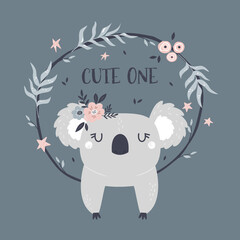Wall Mural - Vector illustration of a cute koala and frame with floral ornaments