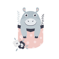 Wall Mural - Vector illustrations of a cute little hippo sitting in a little pocket