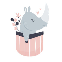 Wall Mural - Vector illustration of a cute rhino sitting in a little pocket