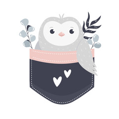 Wall Mural - Vector illustration of a cute owl sitting in a little pocket