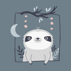 Wall Mural - Vector illustration of a funny sloth. Cute composition with adorable animals