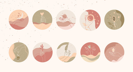 Wall Mural - social media highlight covers or icons with hand drawn mystical and astrology signs. liner templates