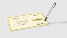 Yellow Cheque And Grey Pen With Filling Informations