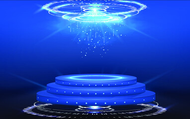 Poster - podium for show product in futuristic cyberpunk or hud style. Showcase with copy space. Blue circle neon lighting. Circle portals, teleport, hologram gadget. Blank display, stage or magic portal