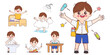 © Felizlalala - Cute cartoon doodle boy student character. Cartoon Kid in daily routine activity pose.