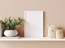 Mockup Nursery Pink Interior With A Frame With Toys And Plants, 3d Rendering
