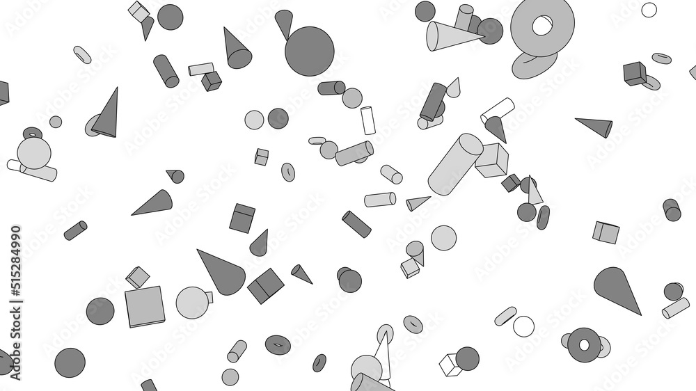 Toon gray geometric objects on white background. 3DCG confetti ...