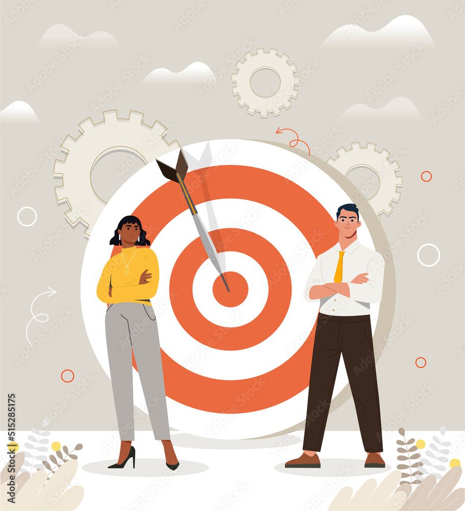 Target achievement concept. Goal setting, leadership and motivation. Team  working on development of company, partners are looking for ways to  increase income. Cartoon flat vector illustration Stock Vector | Adobe Stock, image size:911x1000