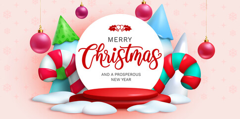 Christmas greeting vector template design. Merry christmas text in circle space with xmas balls, candy cane and fir tree elements for holiday season outdoor decoration. Vector illustration.
