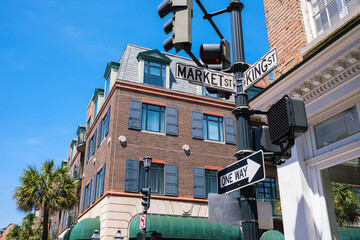 Cityscape of the historic downtown French Quarter district in Charleston, South Carolina