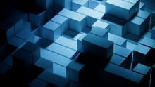 Futuristic Tech Background With Neatly Constructed Glossy Cubes. Turquoise And Black, 3D Render.