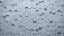 Hexagonal, 3D Wall Background With Tiles. Polished, Tile Wallpaper With White, Futuristic Blocks. 3D Render