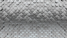 Luxurious, Silver Wall Background With Tiles. Polished, Tile Wallpaper With 3D, Fish Scale Blocks. 3D Render