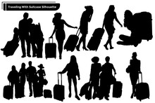 Black Silhouettes Travelers With Suitcases On White Background