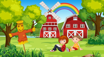 Poster - Farm scene with kids sitting in the garden