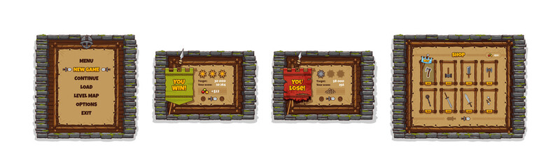 Poster - Game interface, popup menu, win and lose windows. Cartoon user ui panel with options, buttons, weapon shop, gui elements, player rate stars, score, asset board, player profile 2d vector graphic design