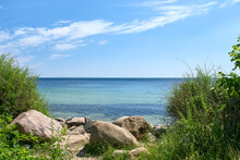 A Shallow Rocky Coast On A Calm Quiet Beach Day During Summer With Grass Growing On The Shore. Scenic View Of A Crystal Blue Ocean With Clear Blue Skies And White Clouds During A Warm Summer Day