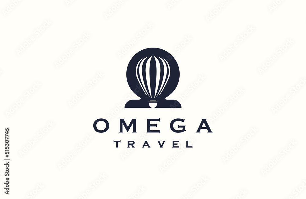 Omega with air ballon shape travel logo icon design template flat ...