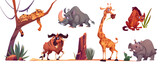 Fototapeta Fototapety na ścianę do pokoju dziecięcego - Wild african animals, zoo characters. Vector cartoon illustration of cute giraffe, cheetah, rhino, hippo, hyena, wildebeest and savannah landscape with tree, sand and grass