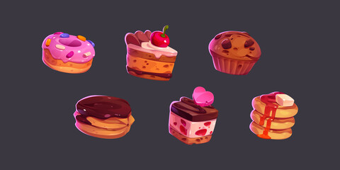 Poster - Game icons cakes, sweets and desserts. Cartoon 2d ui graphic elements, pastry, cupcakes, donut, ratafia and pancakes with topping, chocloate, berries, fruits and sprinkles isolated vector set
