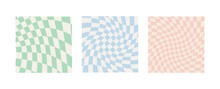 Set Of Twisted Checkerboard Backgrounds In Pale Pastel Colors. Groovy Hippie Chessboard Pattern. Retro Wavy 60s 70s Abstract Psychedelic Design. Gingham Vector Wallpaper Collection For Print.