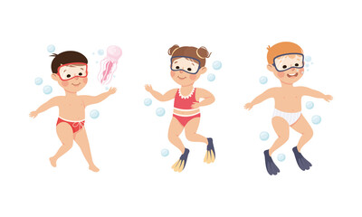 Wall Mural - Little Boy and Girl in Swimsuit Diving and Swimming in Flippers Vector Set