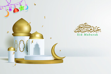 Eid al adha mubarak islamic decoration background with crescent, gold podium, arabic lantern mosque window 3D illustration vector.