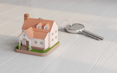 Wall Mural - House key and house model on wooden floor.Concept for real estate,property,agent.3d rendering