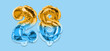 © Marina Kaiser - Rainbow foil balloon number, digit twenty eight on a blue background. Birthday greeting card with inscription 28. Top view. Numerical digit. Celebration event, template. Banner