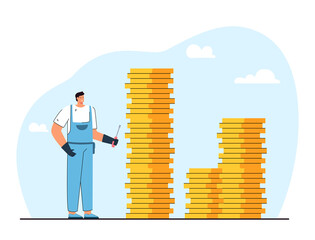 Poster - technician with screwdriver standing near stacks of gold coins. man getting money for good job flat 