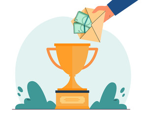 Wall Mural - gold trophy and hand holding cash prize in envelope. golden cup and money as reward for first place 