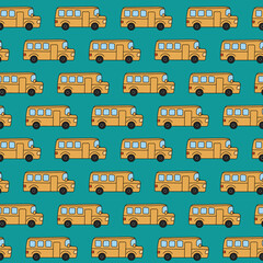 School buses pattern. Hand drawn doodle elements. School seamless green background with funny yellow bus. Vector illustration