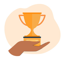 Wall Mural - hand holding tiny gold cup. winner of competition or contest with trophy flat vector illustration. v