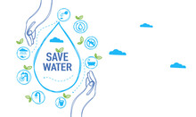 Concept Of Water Saving Tips Icon Infographic. Save Water, Save Earth And Go Green, Environment Protection Campaign Concept. On The Blue Background.	
