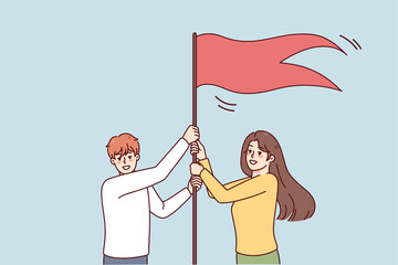 Wall Mural - Smiling employees put flag as symbol of shared goal achievement and success. Happy man and woman reach business target or aim. Accomplishment concept. Vector illustration. 