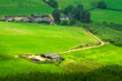 Small farm building and small road in county Tipperary, Ireland. Tilt shift and selective focus. Agricultural industry and food supply chain. Rich saturated green color of the grass.