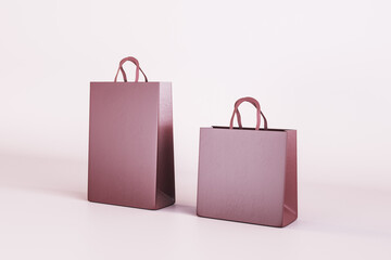Poster - Two empty pink shopping bags on light backdrop. Purcashe and mock up place concept. 3D Rendering.