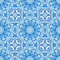 Naklejka na meble Blue white watercolor azulejos tile background. Seamless coastal geometric floral mosaic effect. Ornamental arabesque all over summer fashion damask repeat