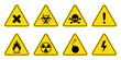 Danger, warning sign icon set. Poison, toxic, biohazard caution sign. Skull, chemical danger yellow triangle symbol element. Vector illustration