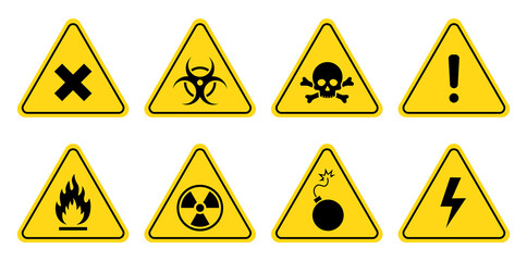 Danger, warning sign icon set. Poison, toxic, biohazard caution sign. Skull, chemical danger yellow triangle symbol element. Vector illustration