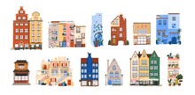 Cute European Buildings Set. Cozy Urban House Exteriors Of Old City In Scandinavia, Holland, Europe, Morocco. Architecture Of Different Countries. Flat Vector Illustration Isolated On White Background