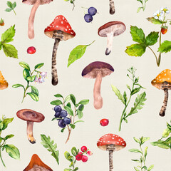 Wall Mural - Forest mushrooms, berries, grass, wild flowers. Seamless pattern. Watercolor