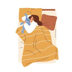 Poster - Child sleeping, hugging plush stuffed toy. Sleepy kid lying in bed, holding bunny. Happy smiling girl asleep under blanket, top view. Flat graphic vector illustration isolated on white background