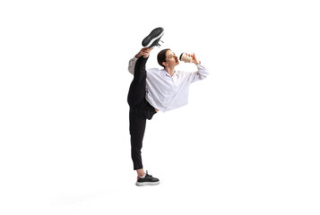 Portrait of female employee standing on twine and drinking coffee isolated over white studio background