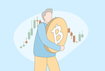 Poster - Hold or Hodl your Bitcoin cryptocurrency concept. The character gently and lovingly presses btc coin to his chest and holds it with his diamond hands. On background volatile chart with candlesticks