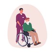© Paper Trident - Old person with disability in wheelchair. Nurse, caregiver helping elderly senior disabled man. Social worker caring about aged human. Flat graphic vector illustration isolated on white background