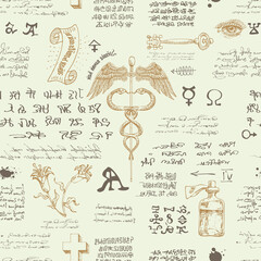 Wall Mural - vector image of a seamless texture in the form of an alchemical formula with encrypted symbols in the style of medieval old manuscripts graphic