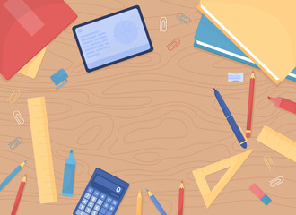 Poster - Wooden desk top with stationery essentials flat color vector background template. Learning math. Prepare for classes. Homework assignment. Fully editable 2D illustration with copy space for text